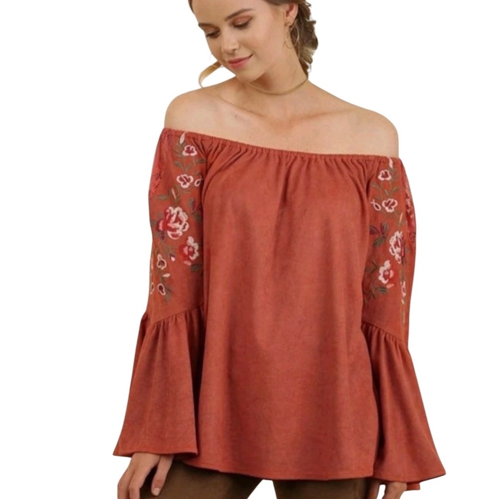 Umgee USA Terracotta Rust Embroidered Bell Sleeve Off Shoulder Top Boho M